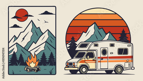 Vintage Retro Camping Adventure RV Motorhome Sunset Mountain Landscape Graphic Design for Apparel T-Shirt Print