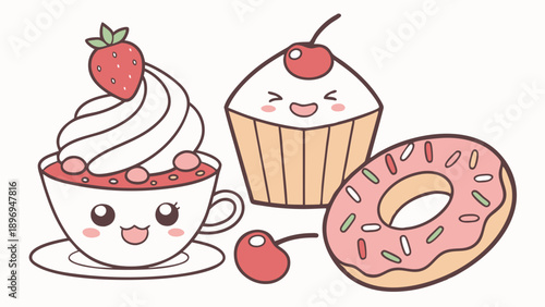 Kawaii Cute Dessert Icons Happy Cupcake Donut Coffee for Cafe Menu Web Design Sweet Treat Promotion