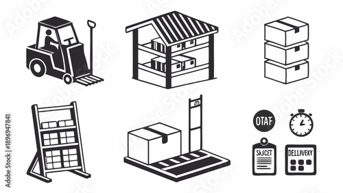 Warehouse Logistics Icons Set Forklift Shelving Boxes Scale Stopwatch for Supply Chain Management and Inventory Control Design Projects