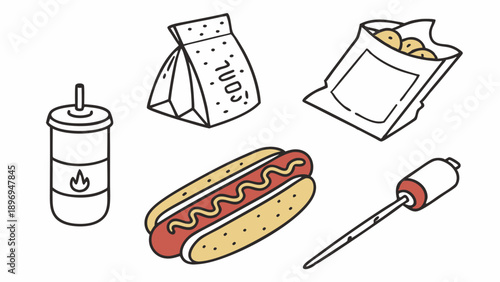 Summer Barbecue Picnic Essentials Hot Dog Charcoal Drink Chips Grilling Food Prep Vector Illustration