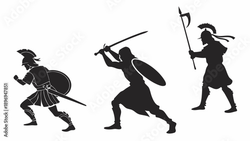 Ancient Warrior Silhouettes Charging for Epic Historical Battle or Gaming Advertisement Dynamic Action Scene