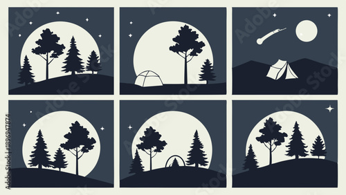 Night Camping Scenes Silhouette Set Forest Trees Full Moon Sky Icons for Travel Adventure Web Design Banners