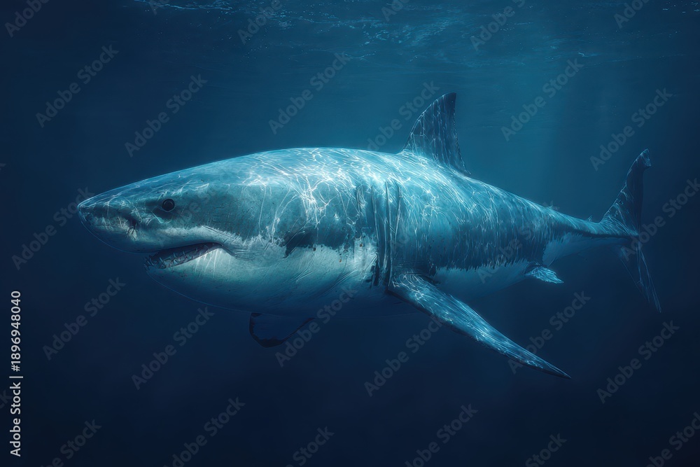 Fototapeta premium Megalodon side profile showing realistic details underwater in clear blue ocean environment