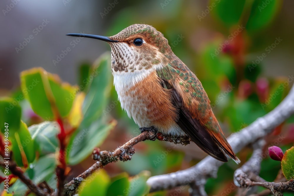 Fototapeta premium Hummingbird perched on a branch among green foliage in a vibrant natural setting capturing the essence of wildlife and beauty