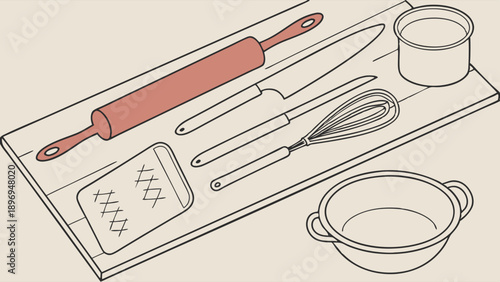 Baking Tools and Utensils on Wooden Board for Recipe Blog Graphics and Culinary Website Design