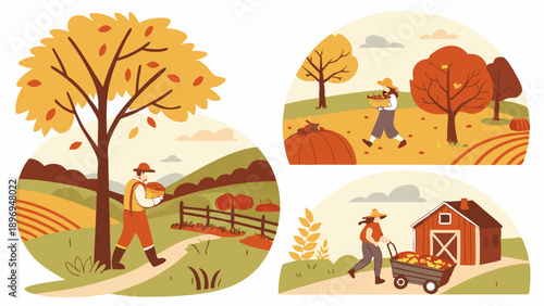Autumn Harvest Scene Farmers Gathering Pumpkins Apples Rural Farmhouse Illustration for Seasonal Web Design and Holiday Promotion