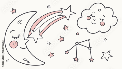 Sweet Dreams Celestial Night Sky with Sleeping Moon Stars and Constellation for Nursery Decor Bedtime Story Illustration
