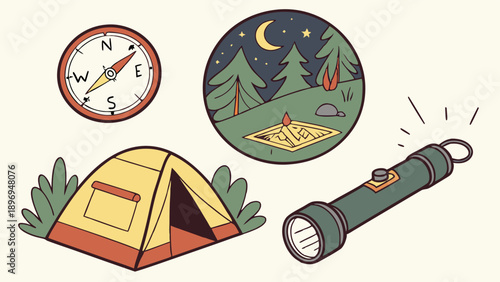 Camping Adventure Gear Illustration for Outdoor Travel Web Design Summer Vacation Guide Icons