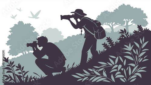 Wildlife Photographers Silhouetted Observing Birds in Lush Forest for Nature Documentary or Travel Blog Content