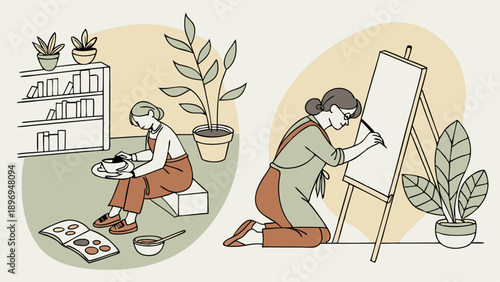 Focused Woman Painting Canvas and Crafting Pottery for Creative Hobbies and Relaxing Home Lifestyle Design