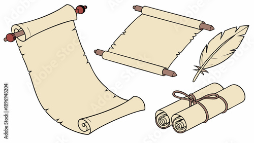 Ancient Parchment Scrolls and Quill Pen for Historical Document Design or Vintage Manuscript Presentation