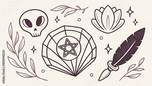 Mystical Occult Elements Set Witchcraft Tarot Crystal Skull Feather for Esoteric Branding Design Projects