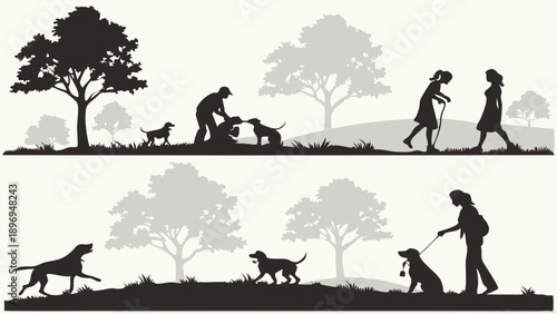 Dog Walking Park Silhouettes People Caring For Pets Outdoor Recreation Activities For Pet Owners Website Design
