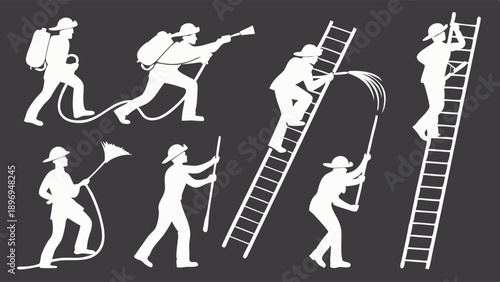 Firefighter Silhouettes Battling Blaze with Hoses Ladders and Tools for Emergency Service Safety Illustration