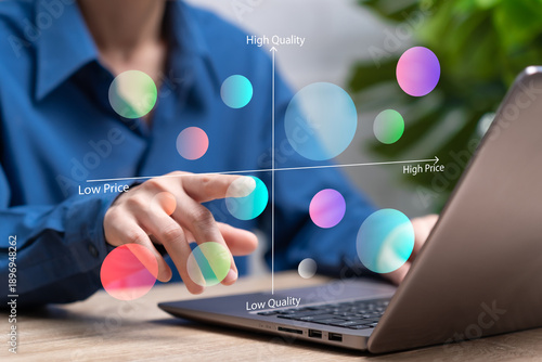 Marketing positioning strategy and perceptual map concept,  Businesswoman analyzing target audience, Brand differentiation, Competitive landscape, Marketer pointing positioning map, Strategic brand
