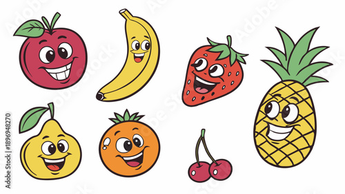 Happy Cartoon Fruits Characters for Healthy Kids Food Education Fun Web Design Icons
