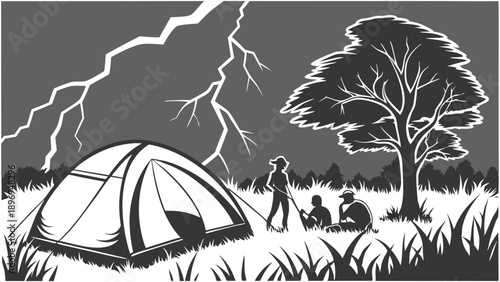 Camping Tent Shelter During Intense Lightning Storm Outdoors for Adventure Travel Safety Illustration