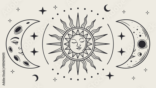 Celestial Sun Moon Phases Mystical Astrology Esoteric Symbol for Spiritual Branding Tarot Design Occult Tattoo Art