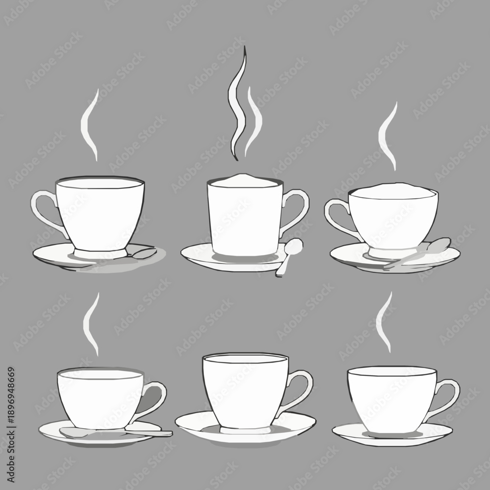 Obraz premium Black cappuccino line art vector set with cups, beans, and barista tools on white background