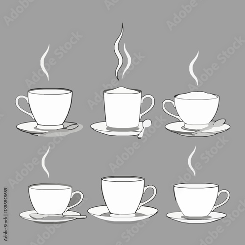 Black cappuccino line art vector set with cups, beans, and barista tools on white background
