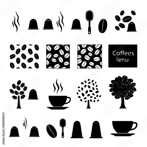 Flat black cappuccino icon vector set with cups, beans, and coffee tools on white background