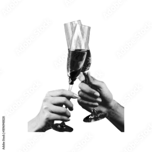 Hands clinking wine glasses in halftone style isolated on white background.
