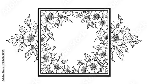 Elegant square floral frame with hand drawn flowers and leaves surrounding empty space for text or photos, isolated on white background, vector illustration