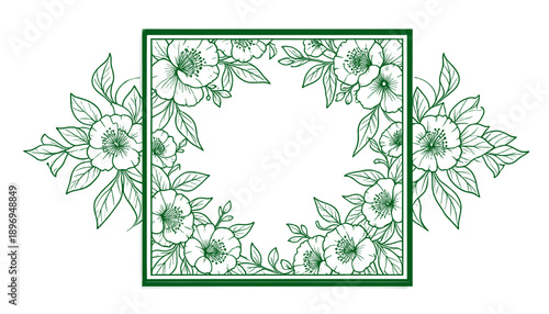 Elegant green floral square frame with delicate botanical flowers and leaves in vintage line art style isolated on white background ideal for invitations stationery branding and decorative design
