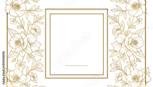 Elegant gold floral square frame with delicate flowers and leaves on white background, featuring a clean inner border for wedding invitations, greeting cards, certificates, and luxury stationery.