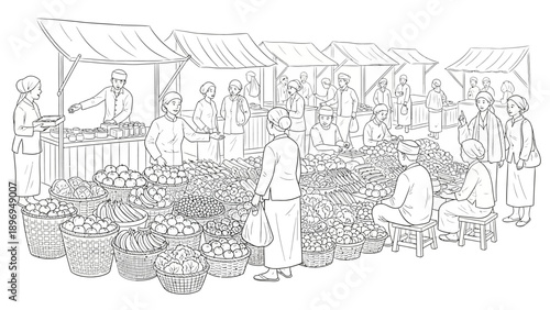 Busy Market Scene Depicting Vendors, Customers, and Fresh Produce in Baskets