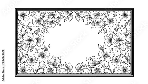 Black and white floral wreath made of hand drawn flowers and leaves arranged around an open center inside a decorative rectangular frame