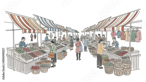 Hand-drawn illustration of a bustling outdoor market scene with vendors and customers.