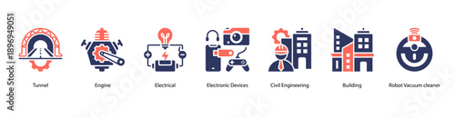 Applied Engineering Technology web banner icon vector illustration featuring Tunnel, Engine, Electrical, Electronic Devices, Civil Engineering, Building, and Robot Vacuum Cleaner.