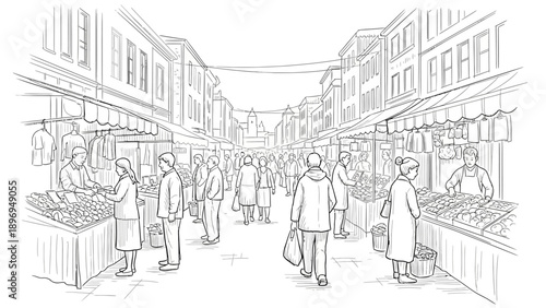 Detailed Black and White Illustration of a Busy Outdoor Market Scene