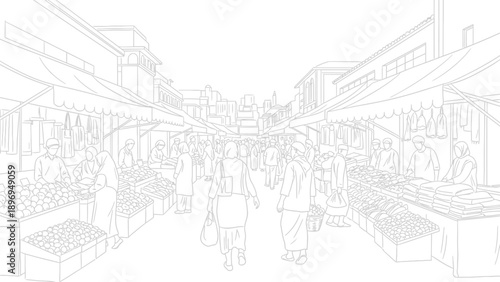 Busy Market Scene Depicting People Shopping and Strolling in a Street