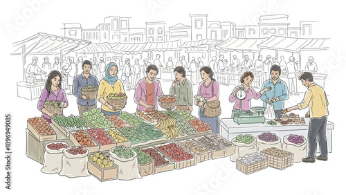 Diverse People Shopping at a Colorful Outdoor Market, Buying Fresh Produce.