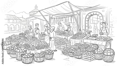 Black and White Market Scene Depicting People Selling Fresh Produce