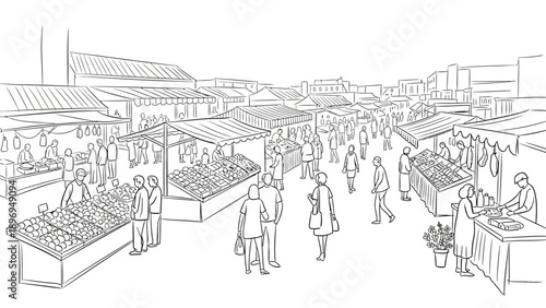 Black and White Market Scene Depicting People Shopping and Vendors