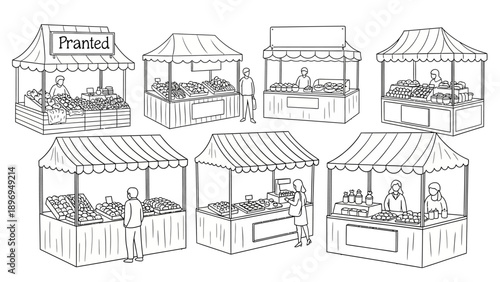 Outlined Market Stalls with Canopies, Displaying Goods, and Customers Interacting