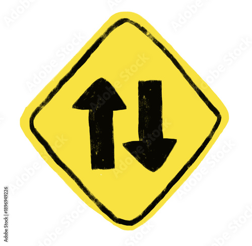 Cute hand drawn doodle watercolor crayon two ways arrow icon in yellow traffic transportation road sign kids nursery sticker illustration