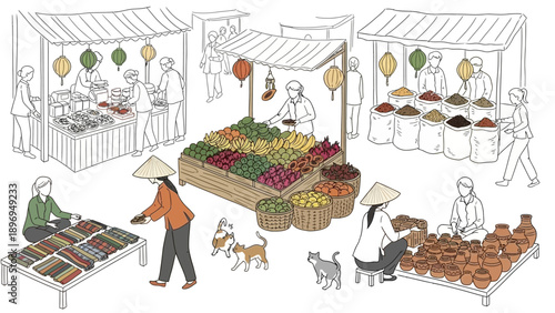 Illustration of a bustling Vietnamese market scene with various vendors and goods.