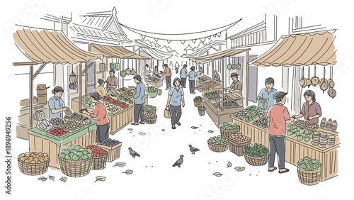 Hand-drawn illustration of a bustling Asian market scene with vendors and customers.