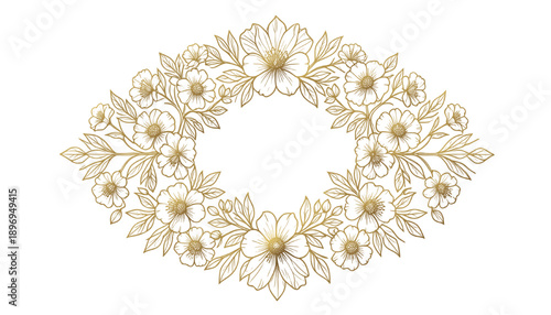 Elegant gold floral oval wreath with delicate flowers and leaves forming a decorative frame on white background, ideal for wedding invitations, greeting cards, luxury stationery, and romantic design