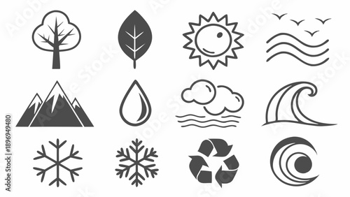Nature Elements Icons Set for Ecology Environmental Design Weather Climate Conservation Web Graphics