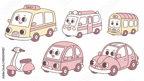 Cute Cartoon Vehicles Set Taxi Ambulance School Bus Scooter Car for Kids Education App Design