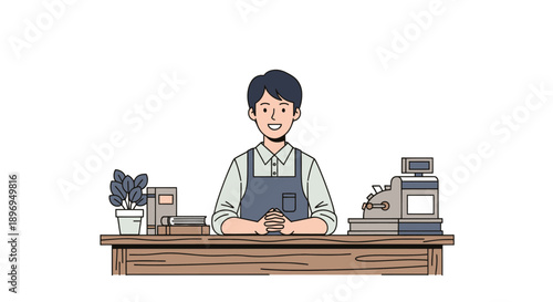 Smiling Male Shop Assistant Behind Counter with Cash Register.