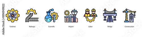 Infrastructure and Transportation web banner icon vector illustration featuring Turbines, Railways, Scientific, Airport, Labor, Bridge, and Construction.