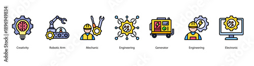 Engineering Innovations web banner icon vector illustration featuring Creativity, Robotic Arm, Mechanic, Engineering, Generator, Engineering, and Electronic.
