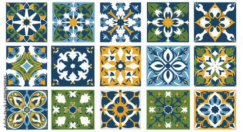 Overhead view of a collection of 15 colorful ceramic tiles with various patterns on a white background.