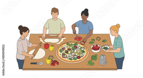 Group of People Preparing and Decorating a Pizza Together.